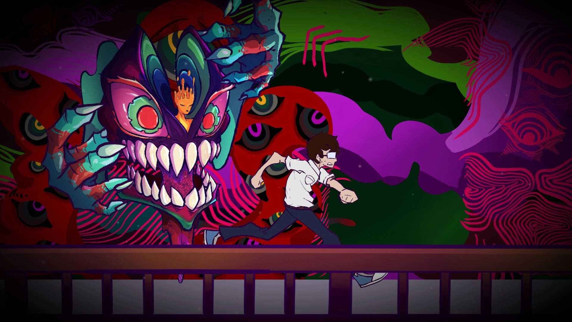 Diary: Student sprints along a platform as a huge fanged monster looms in a swirling hallucination backdrop.