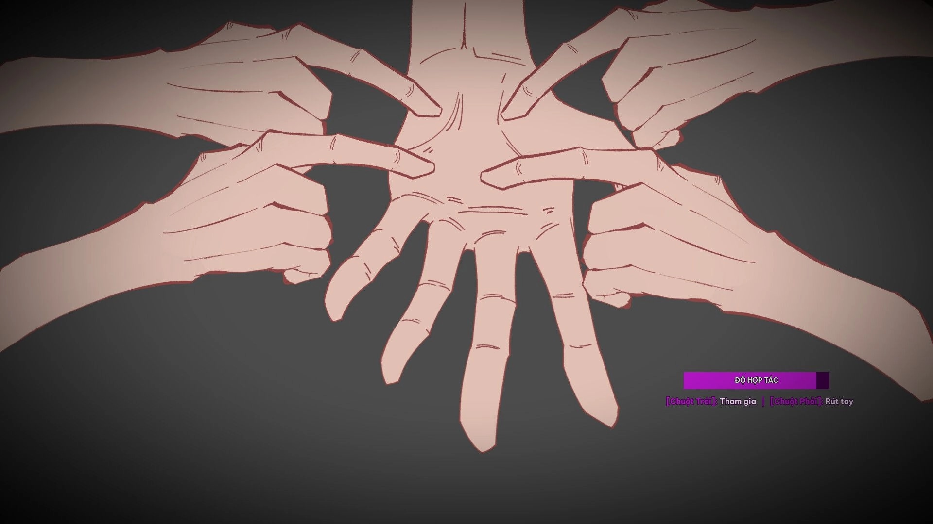 Diary: Multiple hands grasp a torso in a dark void, with co-op prompt and mouse controls UI text.