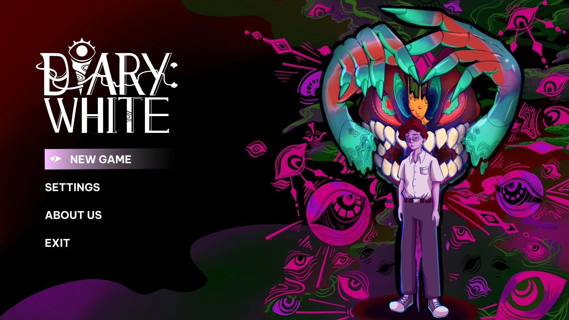 Diary: Main menu with New Game, Settings, About Us, Exit beside boy and monster face backdrop.