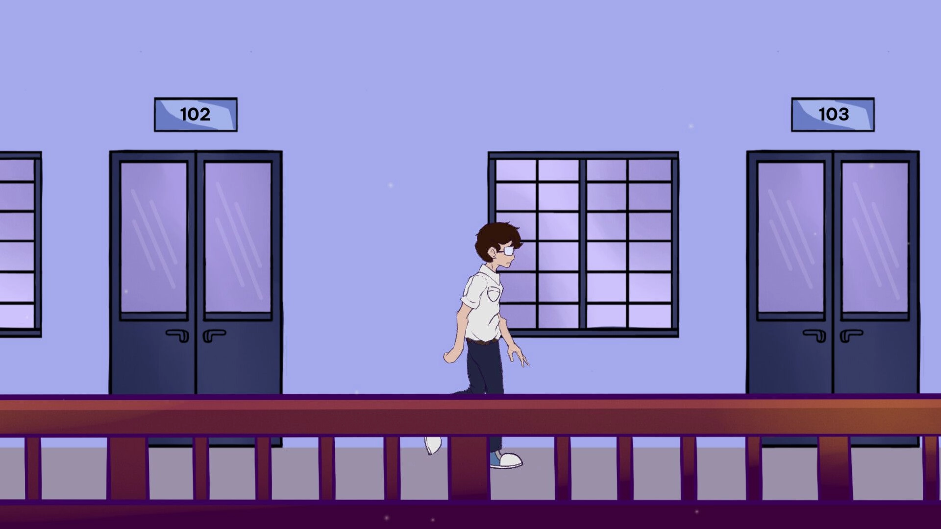Diary: Student walks past classroom doors 102 and 103 in a quiet school hallway with window.