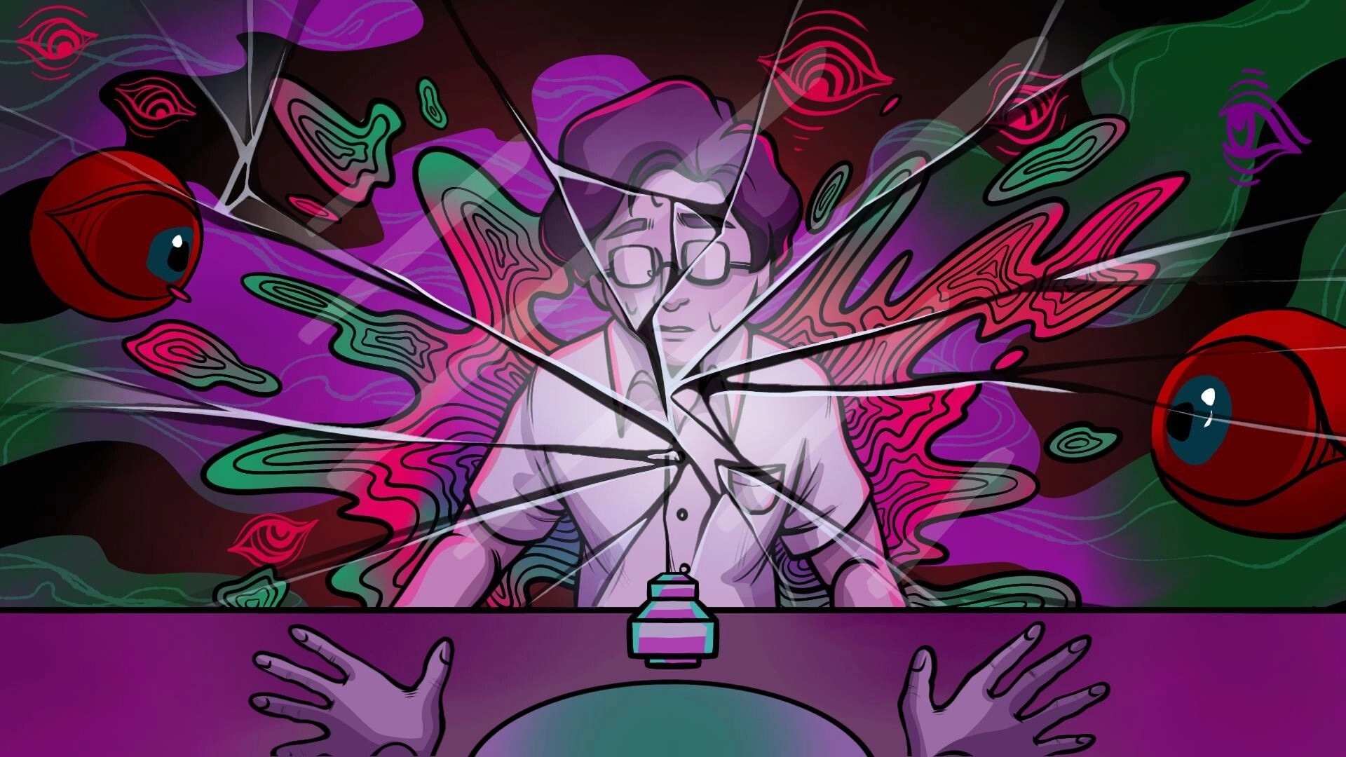 Diary: Frightened man at a desk with cracked-glass overlay, surrounded by floating eyes and colors.