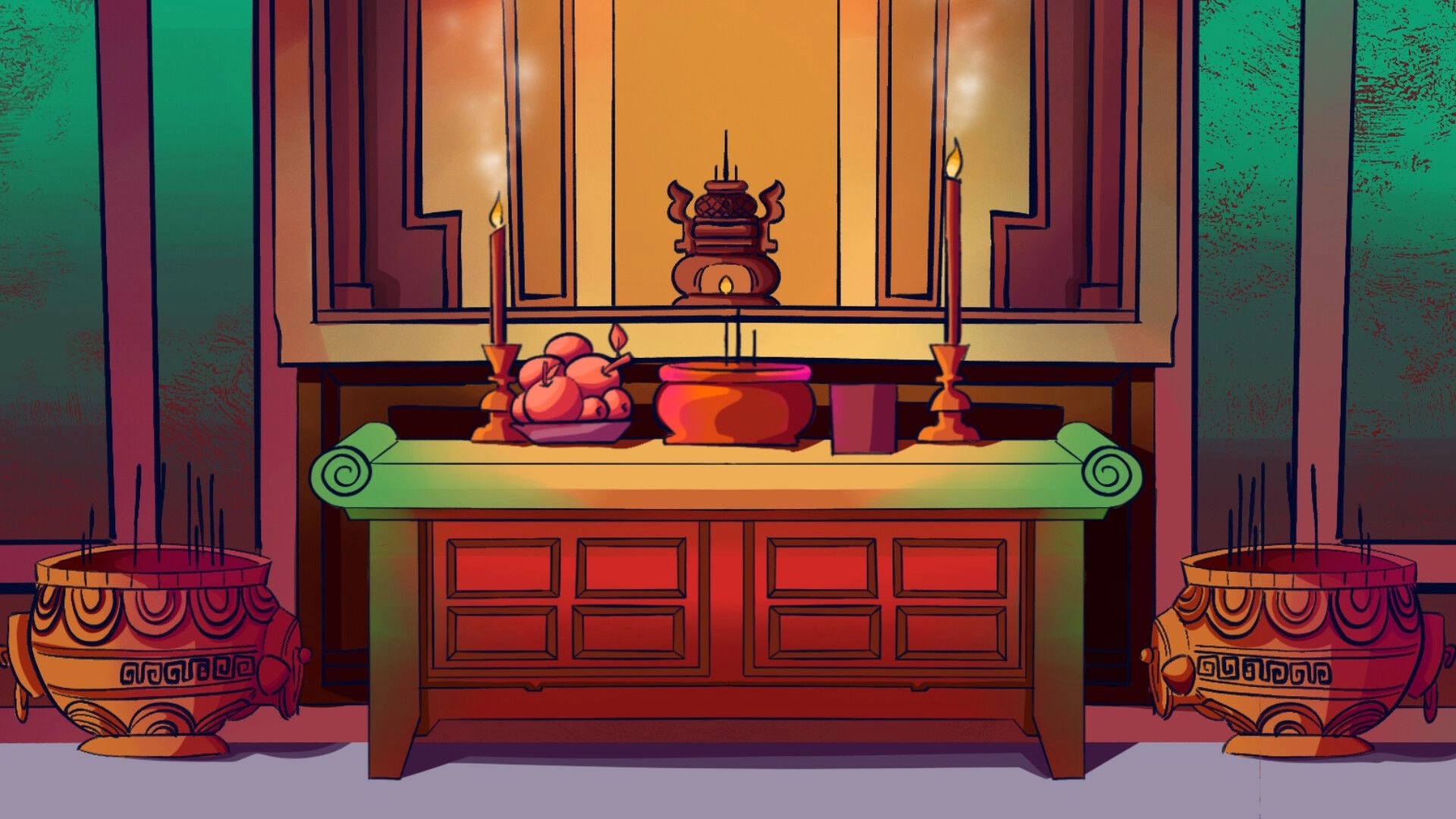 Diary: Lit shrine altar with candles, incense pot and fruit offering inside a dim room shrine.