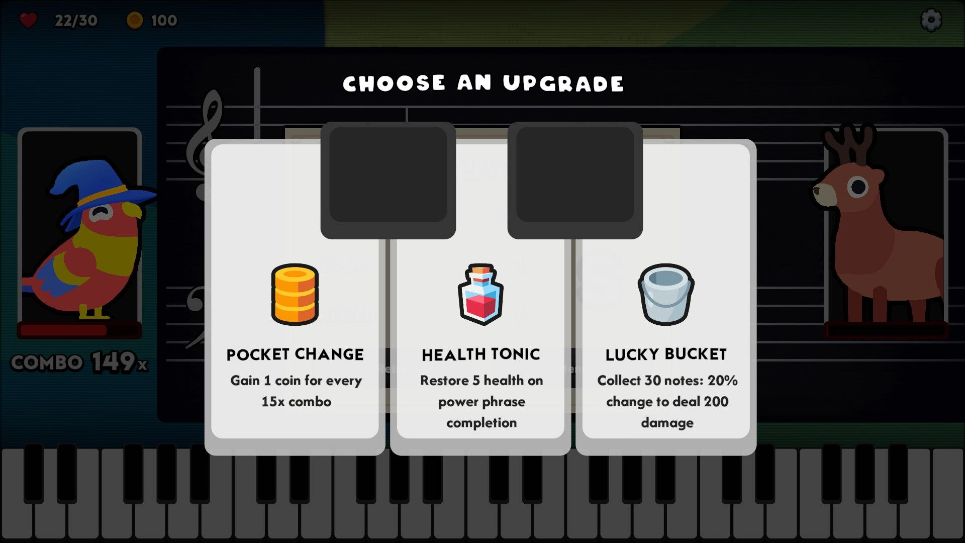 Diatonic: Choose an upgrade menu with three perk cards over a piano keyboard battle screen.