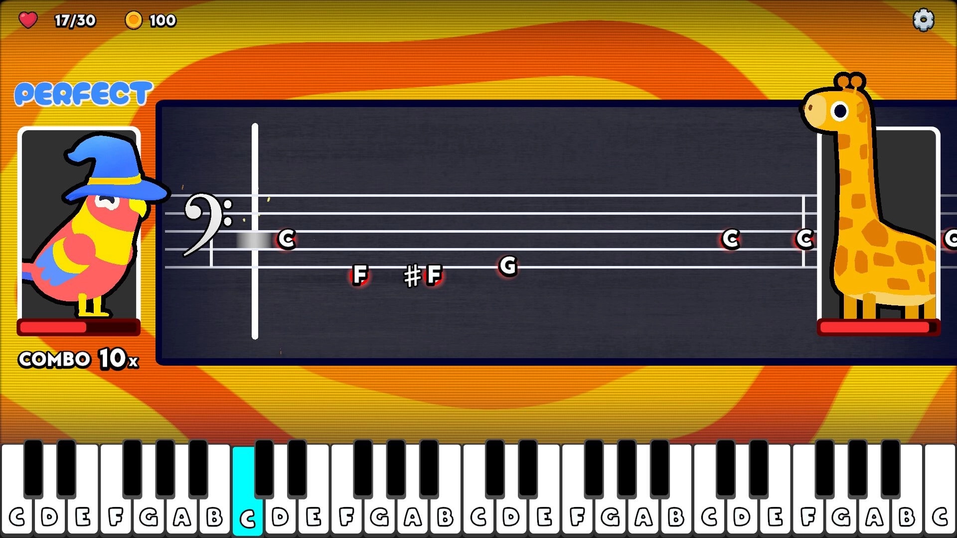 Diatonic: Note-reading battle with bird wizard vs giraffe, staff notes and on-screen keyboard UI.