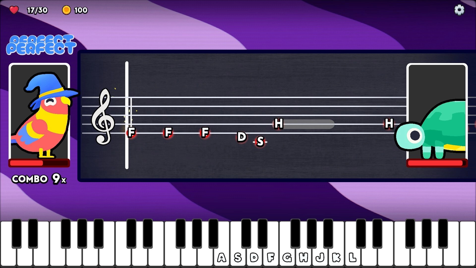 Diatonic: Note-reading battle with bird wizard vs turtle enemy on staff, piano keys UI below.