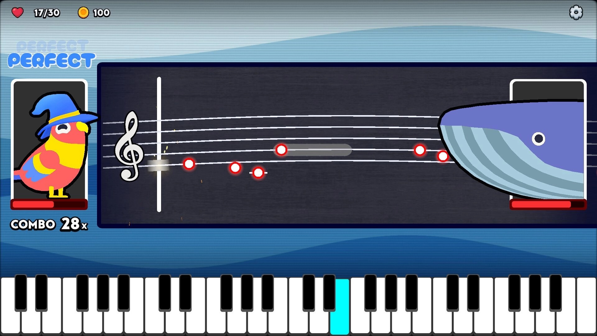 Diatonic: Hitting red note targets on a staff, wizard bird vs whale, 28x combo and piano keys UI.