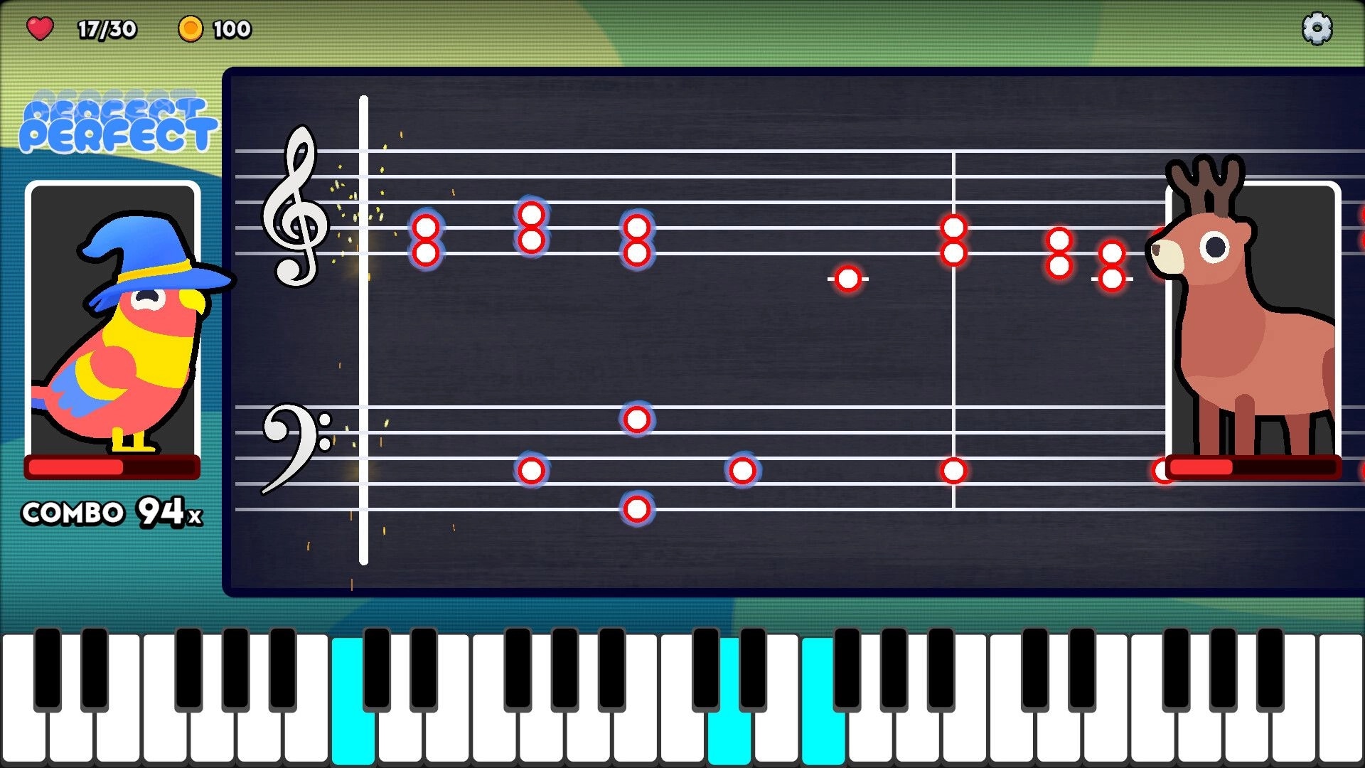 Diatonic: Combo 94x note-hitting battle on dual staves with bird mage vs deer above keyboard UI.