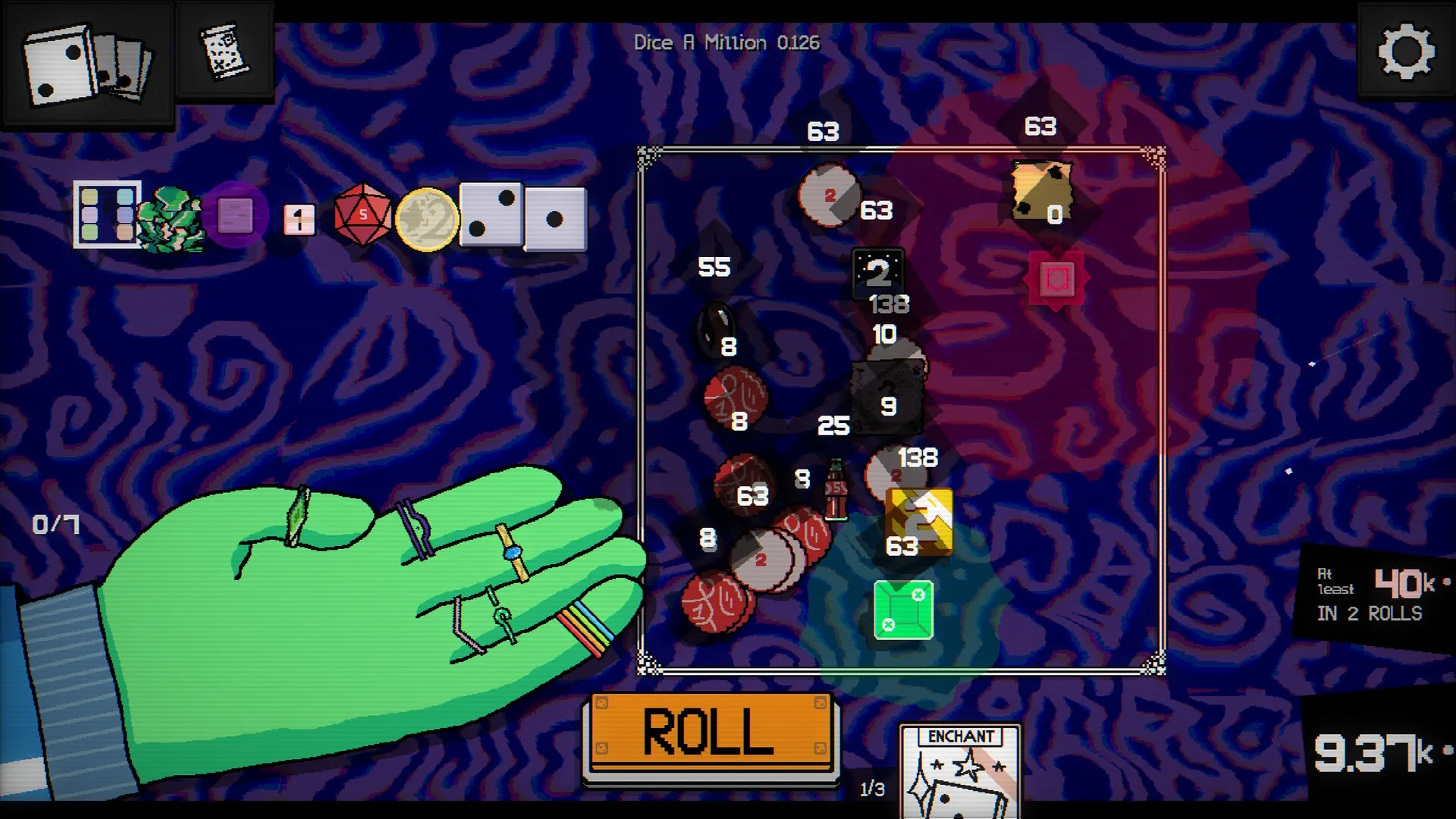 Dice A Million: Player's hand with rings, multiple dice values, and roll button on psychedelic background