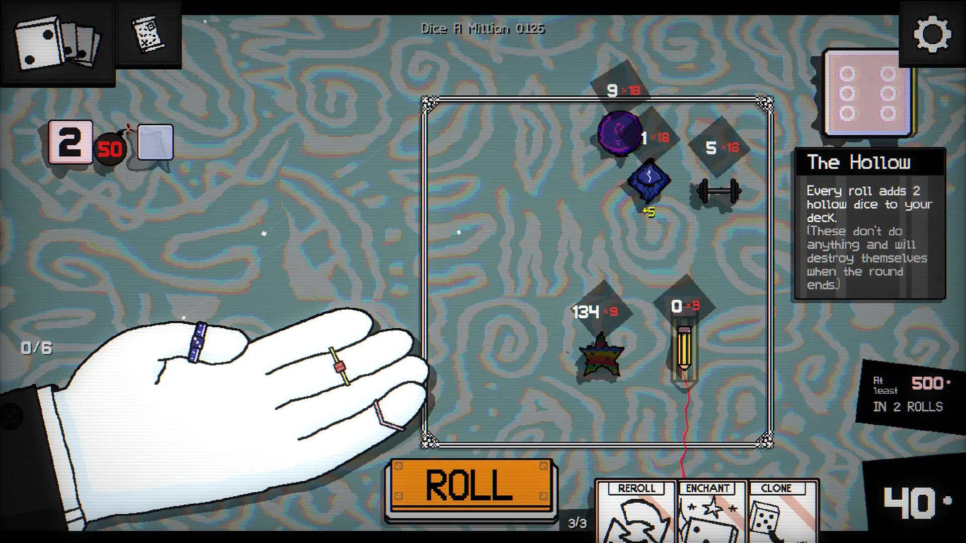 Dice A Million: Player hand with dice and items on board, action menu and roll button in strategy mode.