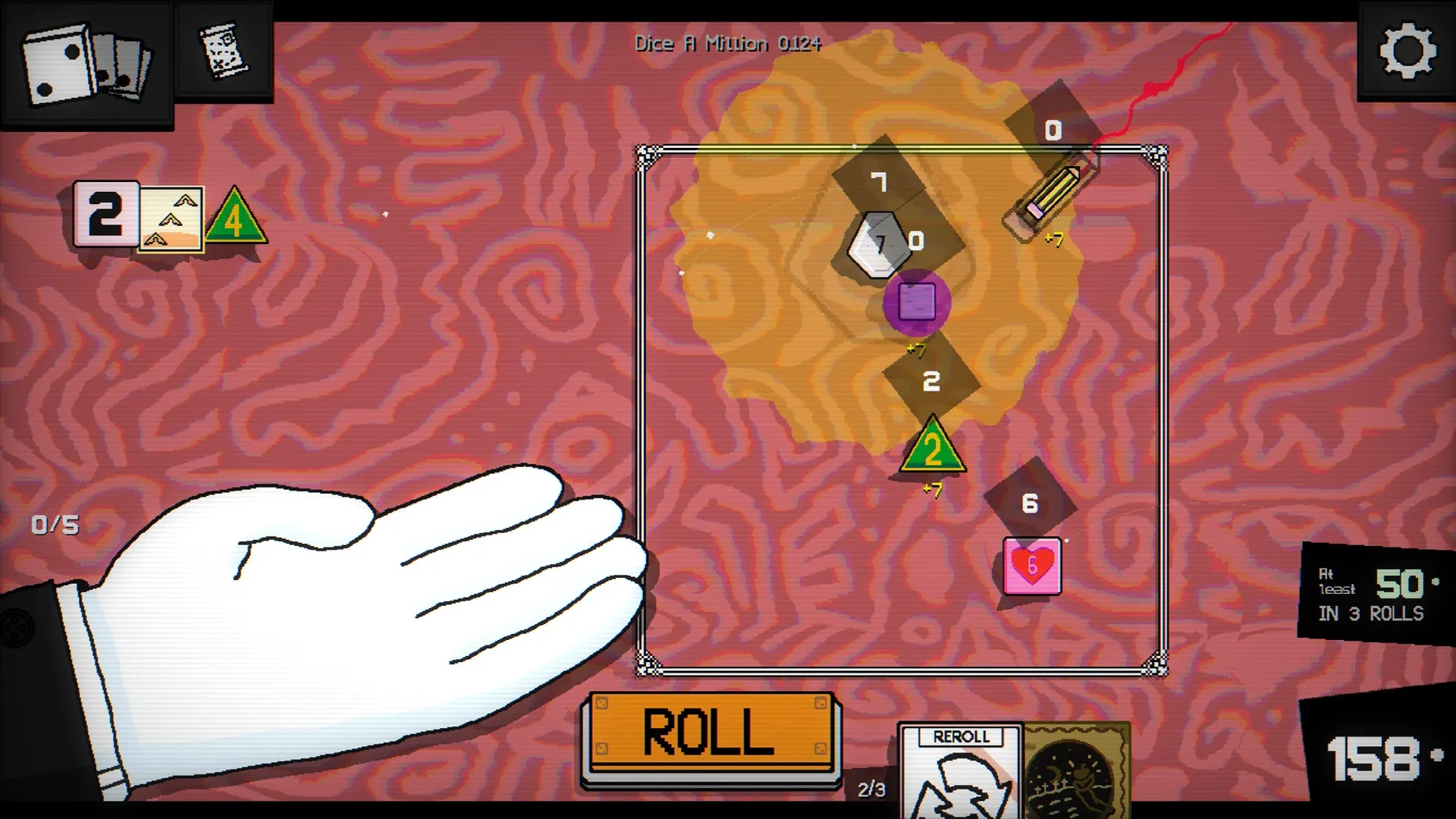 Dice A Million: Player hand about to roll dice on abstract pink map with score tracker and roll button.