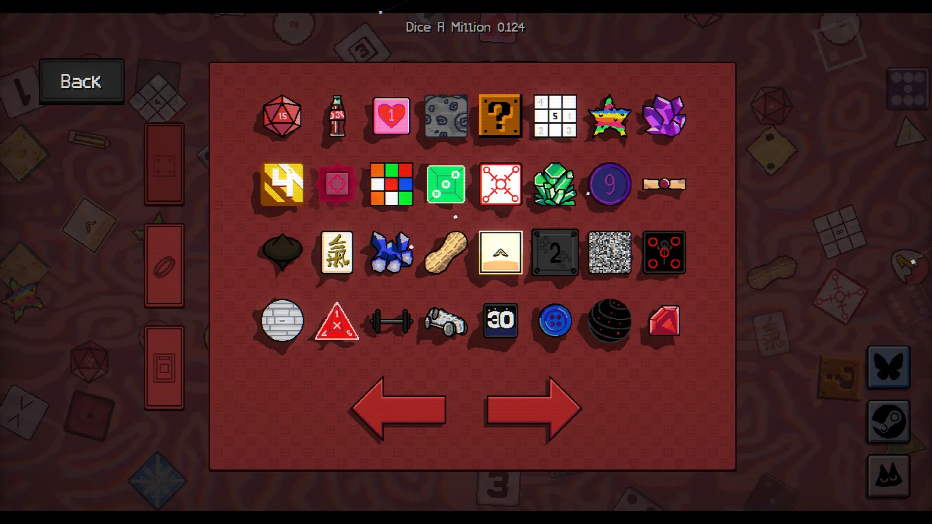 Dice A Million: Collection of diverse dice icons on red grid with navigation arrows in menu screen