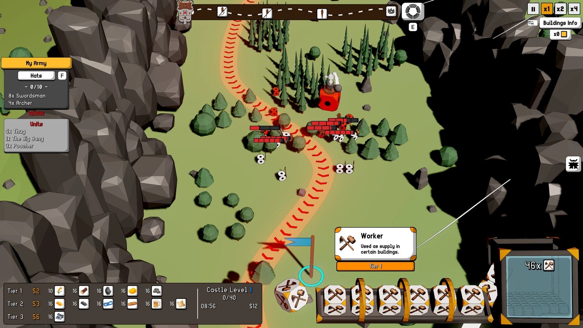 Dice Factory: Army clashes with enemy units on winding forest road, Worker die tooltip and UI panels.