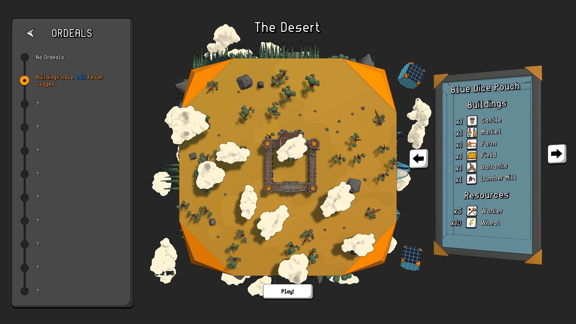 Dice Factory: Desert map selection with castle preview, ordeals list, and Blue Dice Pouch inventory UI.