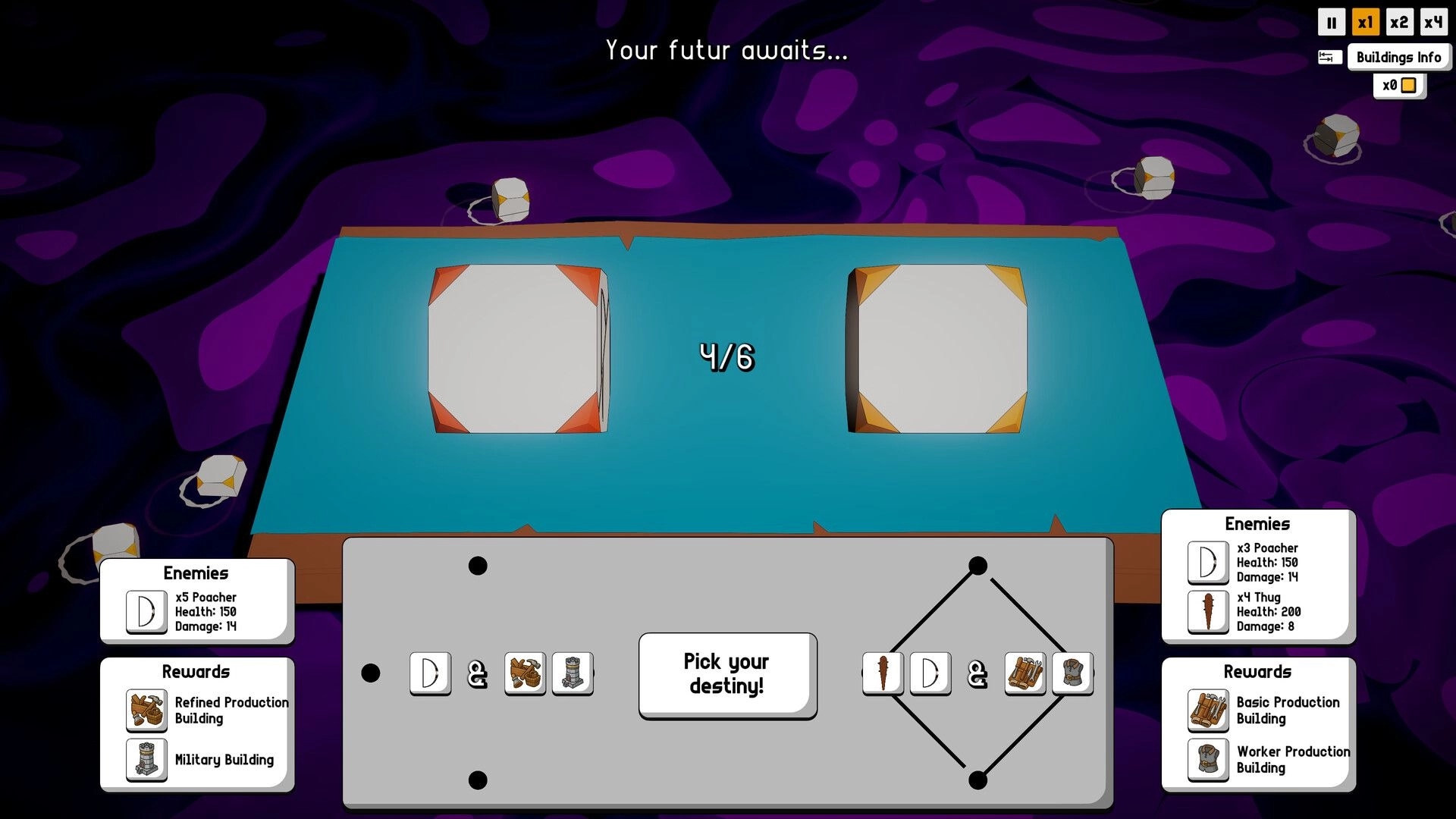 Dice Factory: Destiny choice screen with two dice tiles and enemy/reward panels on a purple void backdrop.