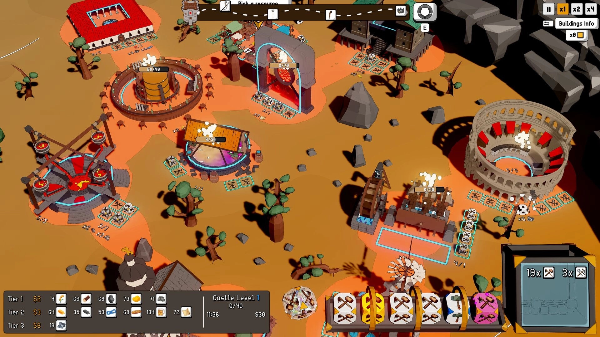 Dice Factory: Base-building overview with resource pick UI and factories scattered across a desert map.