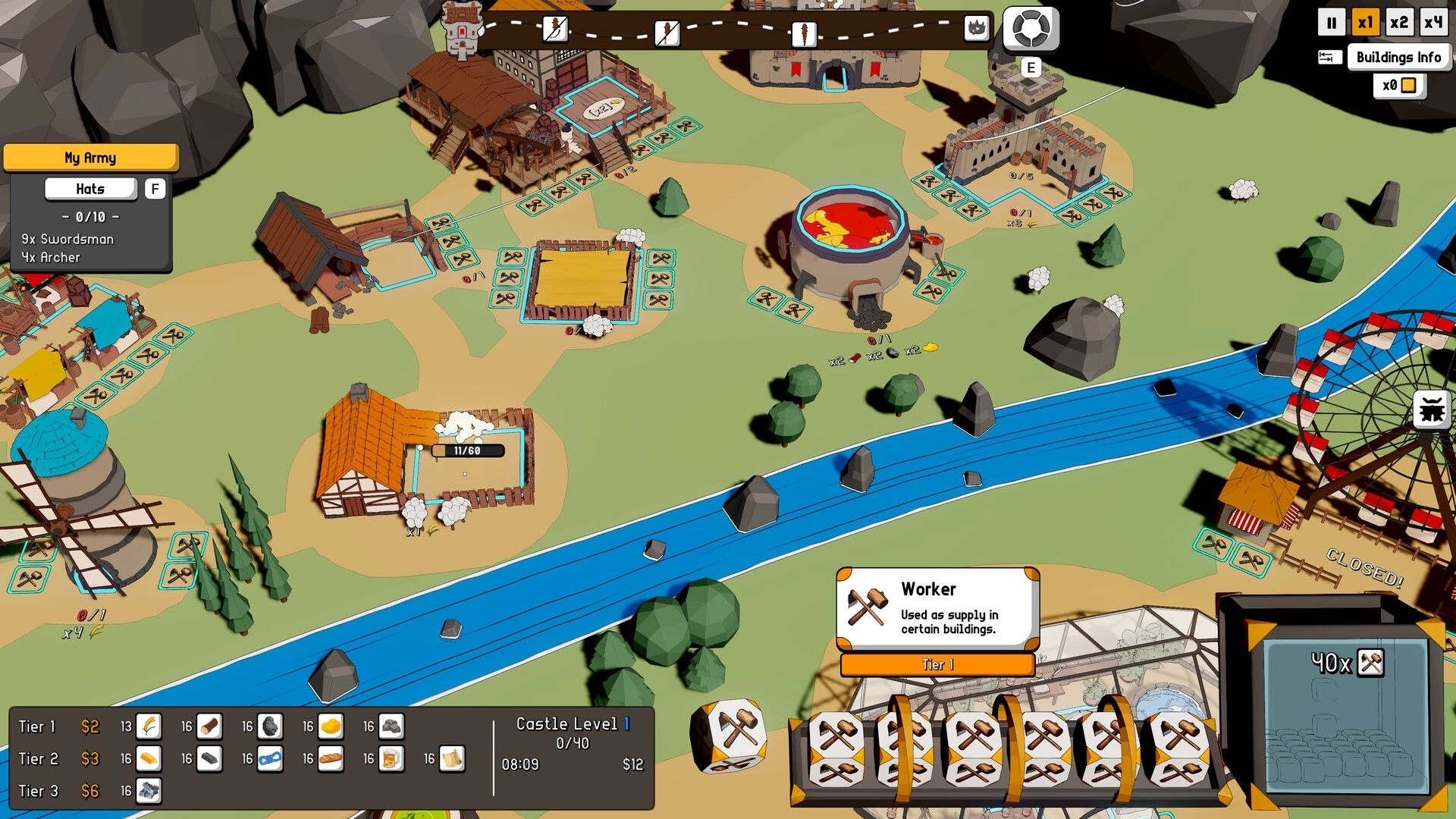 Dice Factory: Kingdom overview with dice worker conveyor and My Army panel beside river and buildings.