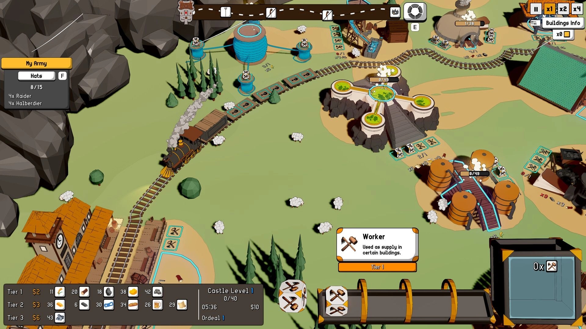 Dice Factory: Train hauling goods along factory rails, with army panel and worker die tooltip on map.