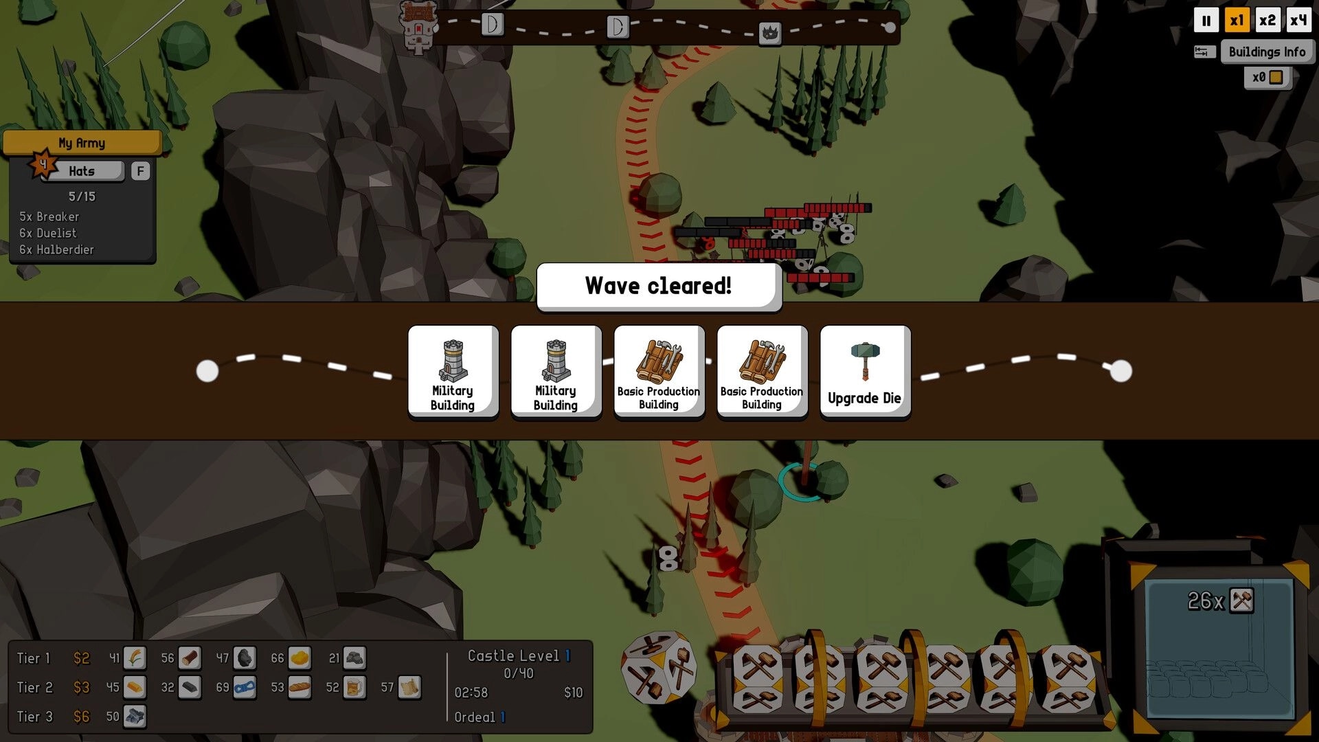 Dice Factory: Wave cleared reward choice with building cards and army panel on forested canyon map.