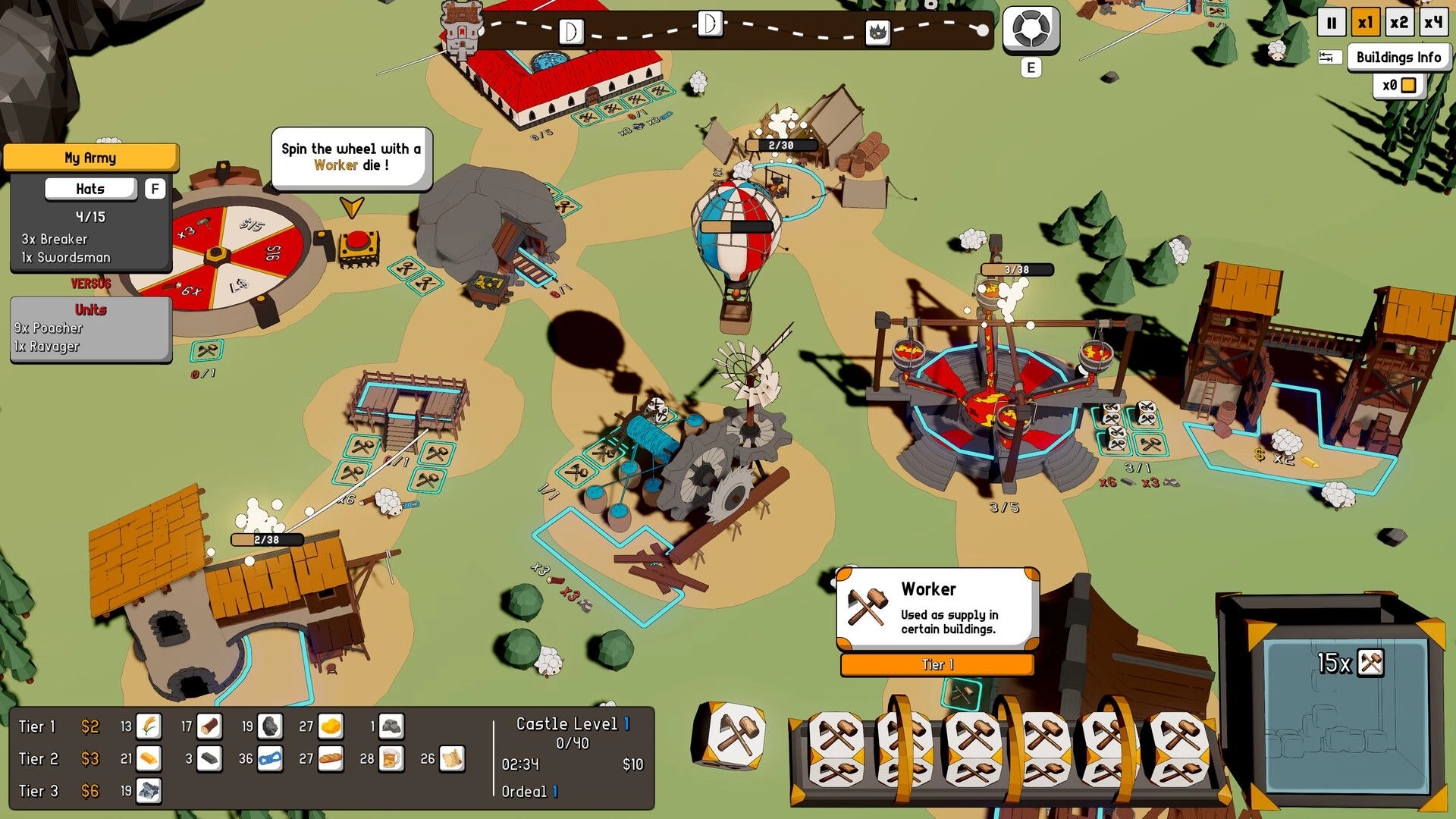 Dice Factory: Village production view with worker dice slots, wheel spinner, and buildings info UI over map.