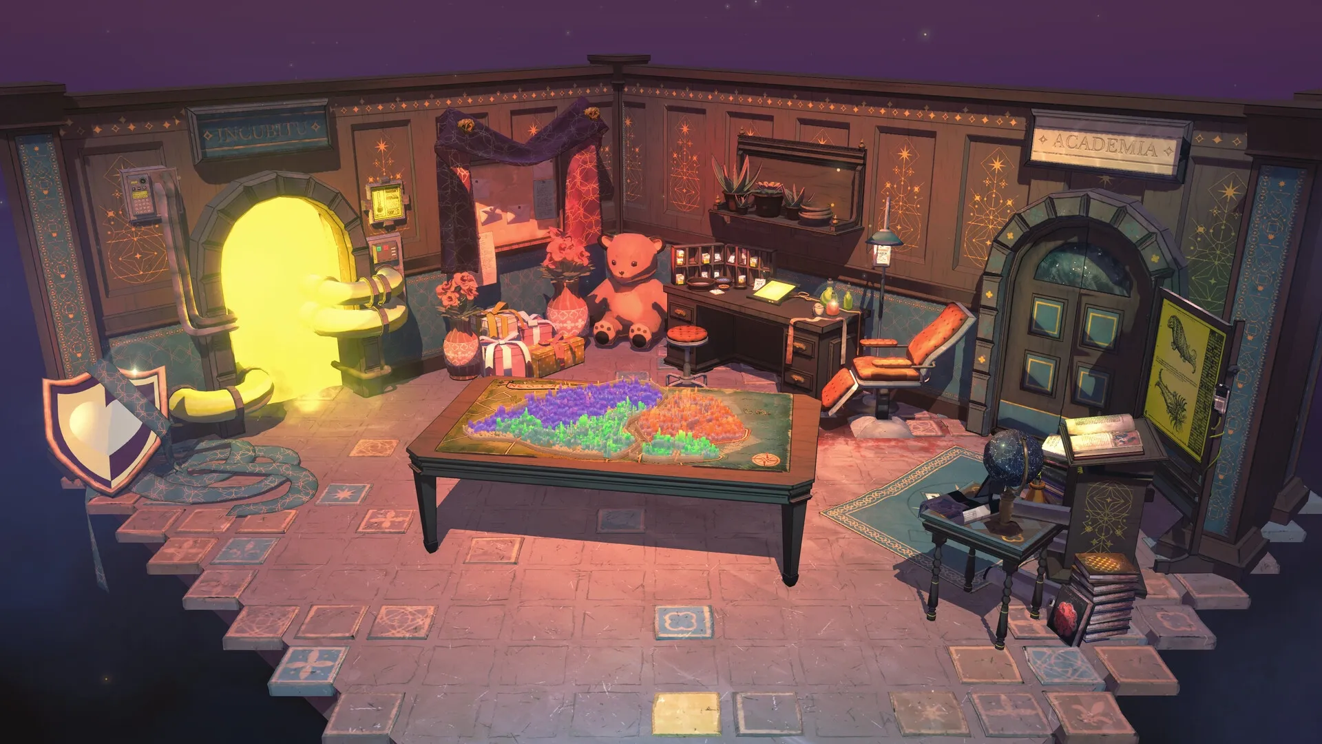 Dice Gambit: Cozy study with glowing portal, large map table, and plush toys in a magical academy.