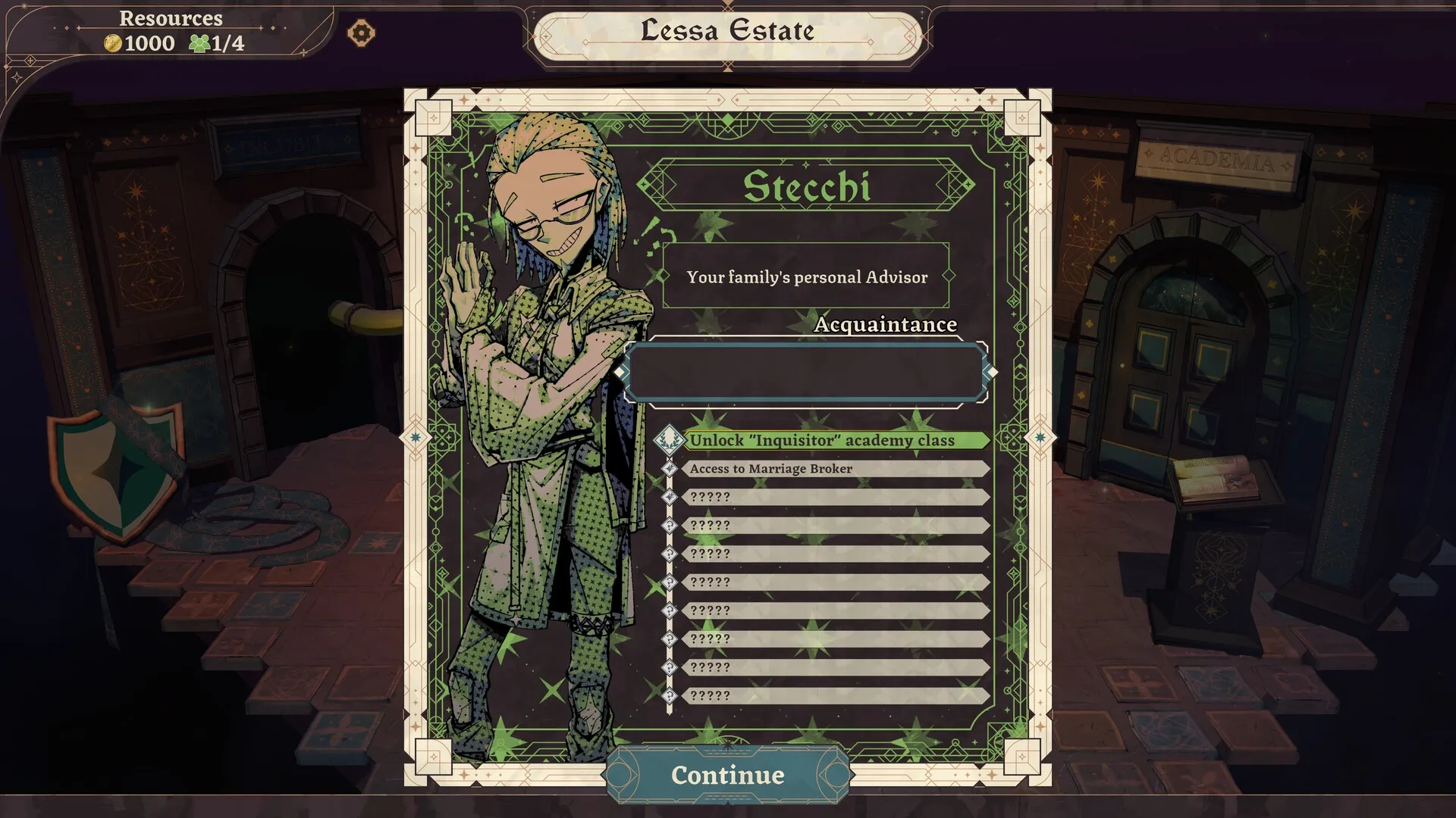 Dice Gambit: Character Stecchi in advisor role with upgrade options at Lessa Estate's academia entrance.