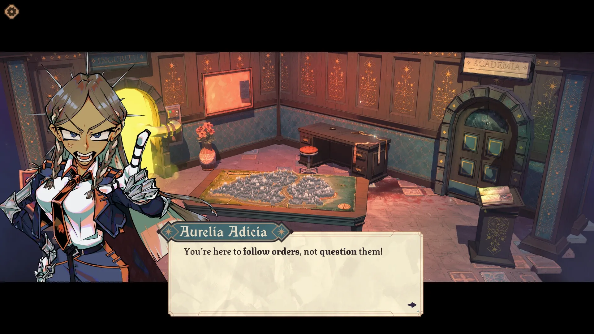 Dice Gambit: Aurelia Adicia gives orders in an ornate room with a map table and Academia sign.