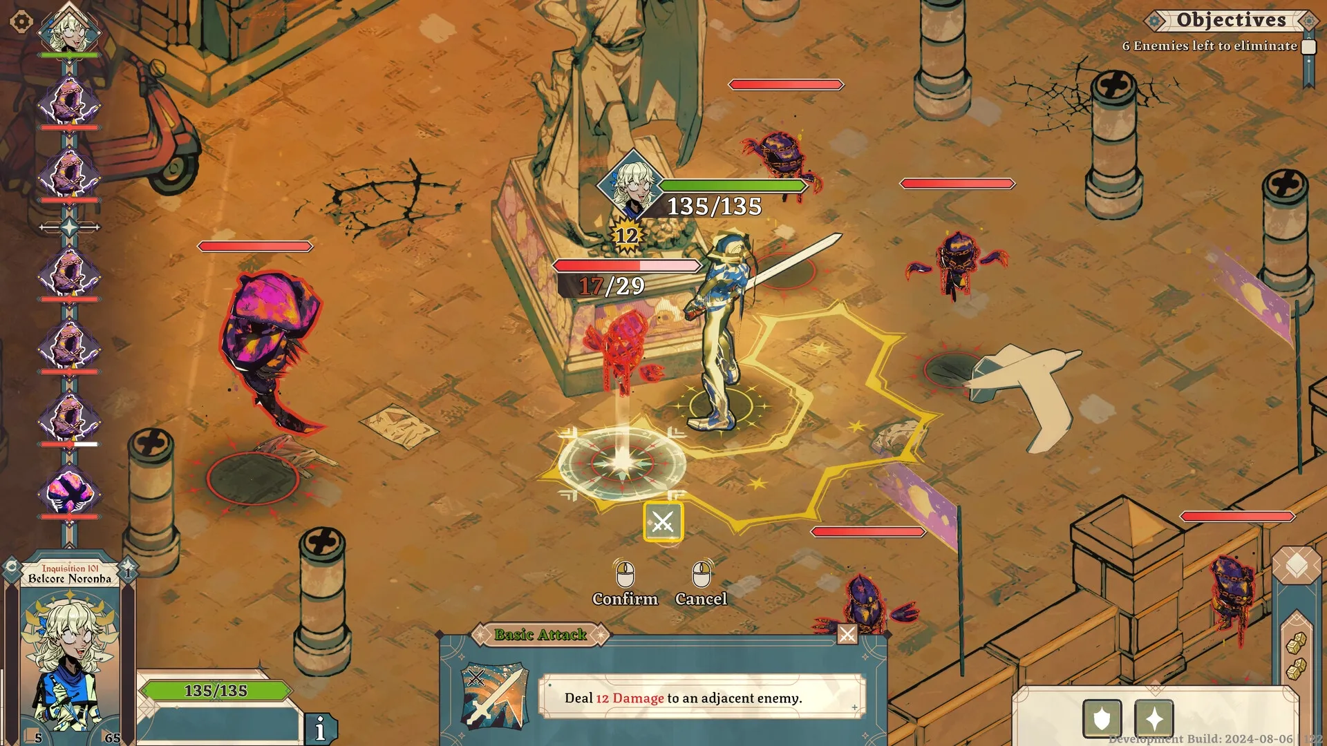 Dice Gambit: Belcore Noronha attacks chromatic monsters in a city plaza with strategic interface elements.
