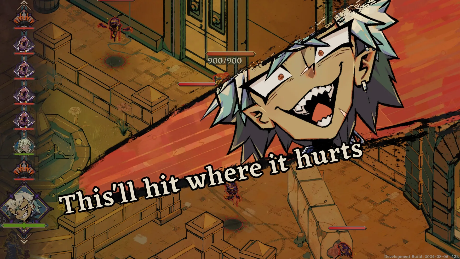 Dice Gambit: Character with dialogue overlay in stone courtyard, enemy health bar displayed above.