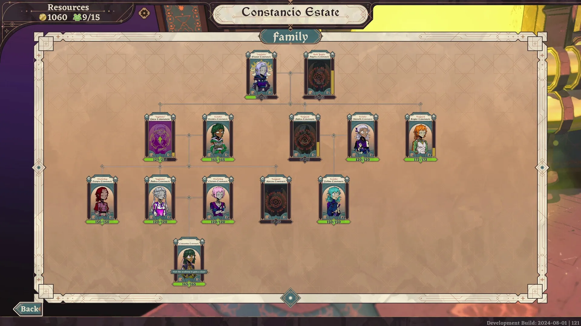 Dice Gambit: Family tree screen at Constancio Estate showing character stats and connections