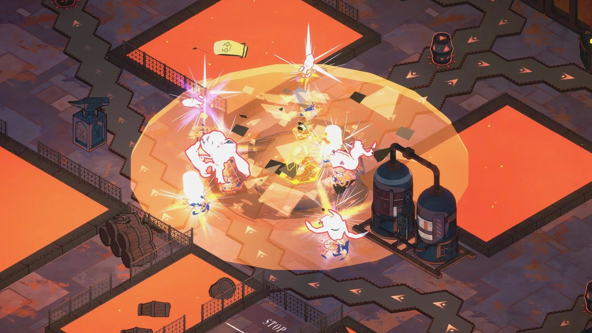 Dice Gambit: Inquisitors battling glowing monsters in an industrial, grid-like city environment.
