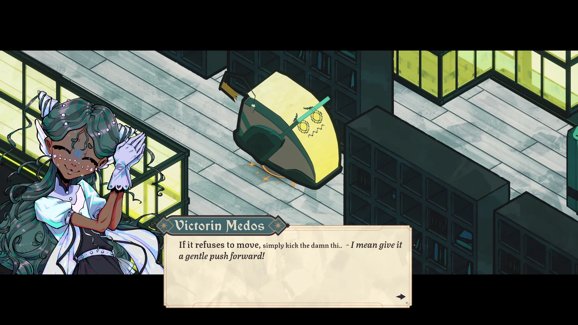 Dice Gambit: Victorin Medos interacting with a robotic device in a library environment