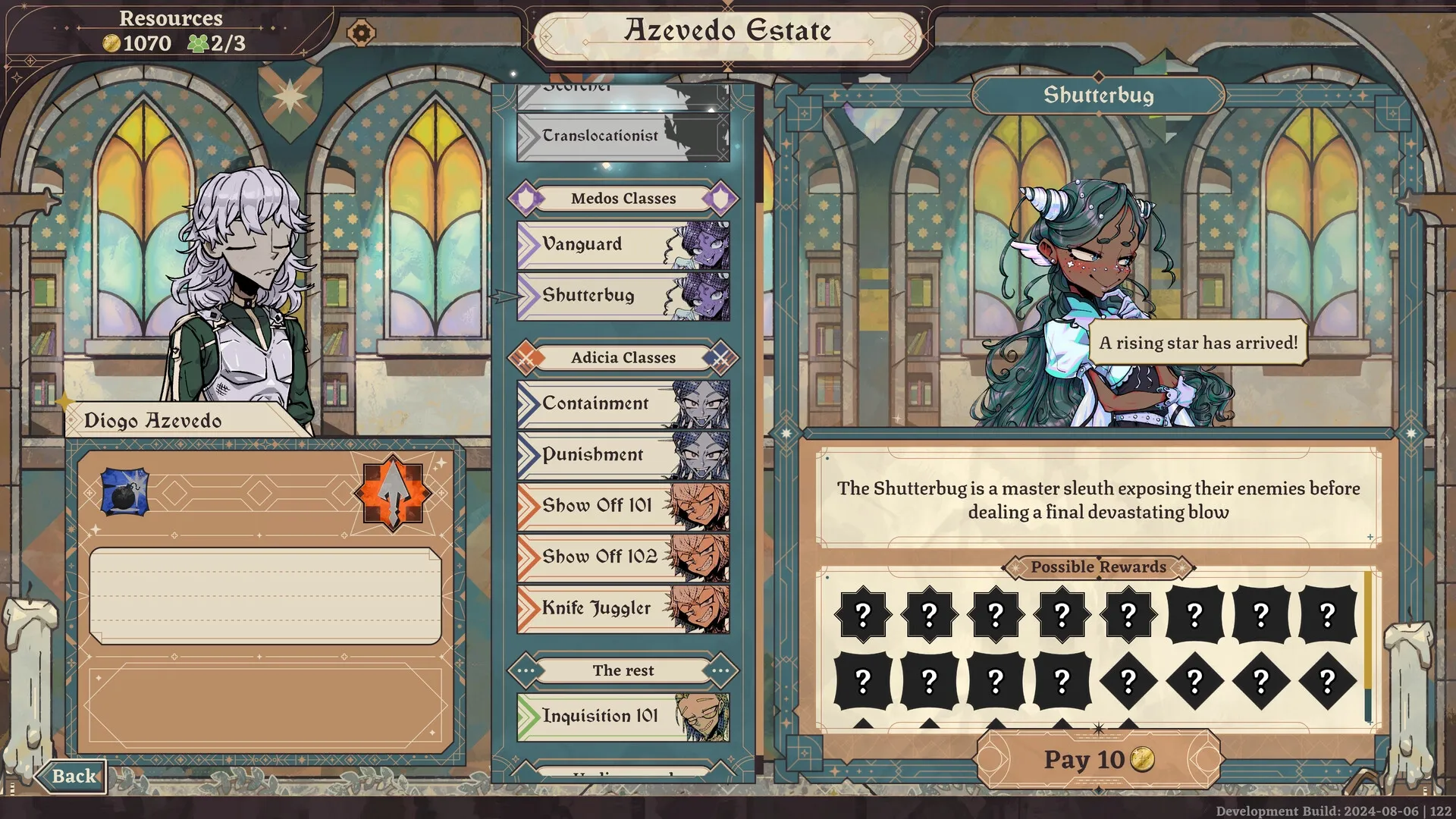 Dice Gambit: Character selection screen at Azevedo Estate with Diogo Azevedo and Shutterbug classes.