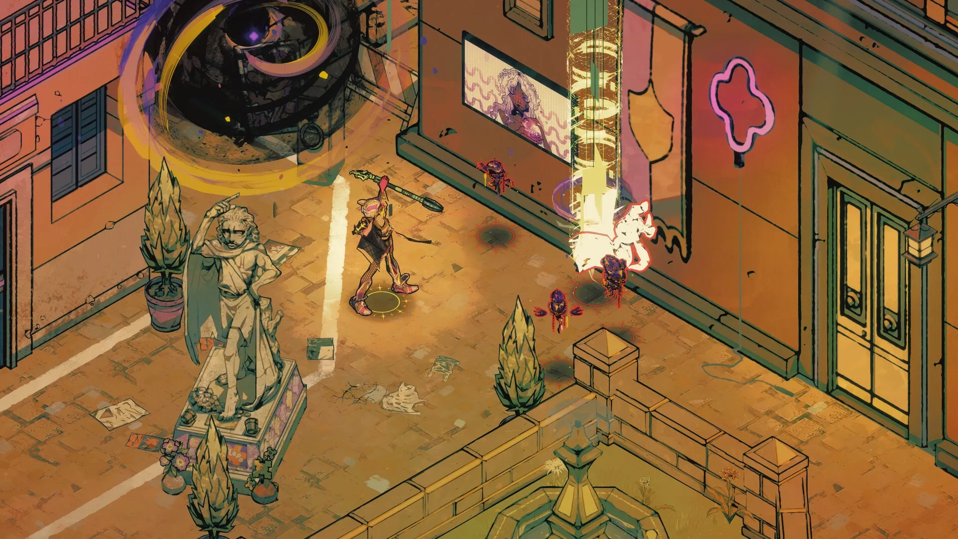 Dice Gambit: Inquisitor casting spell at chromatic creatures in a vibrant city street setting.