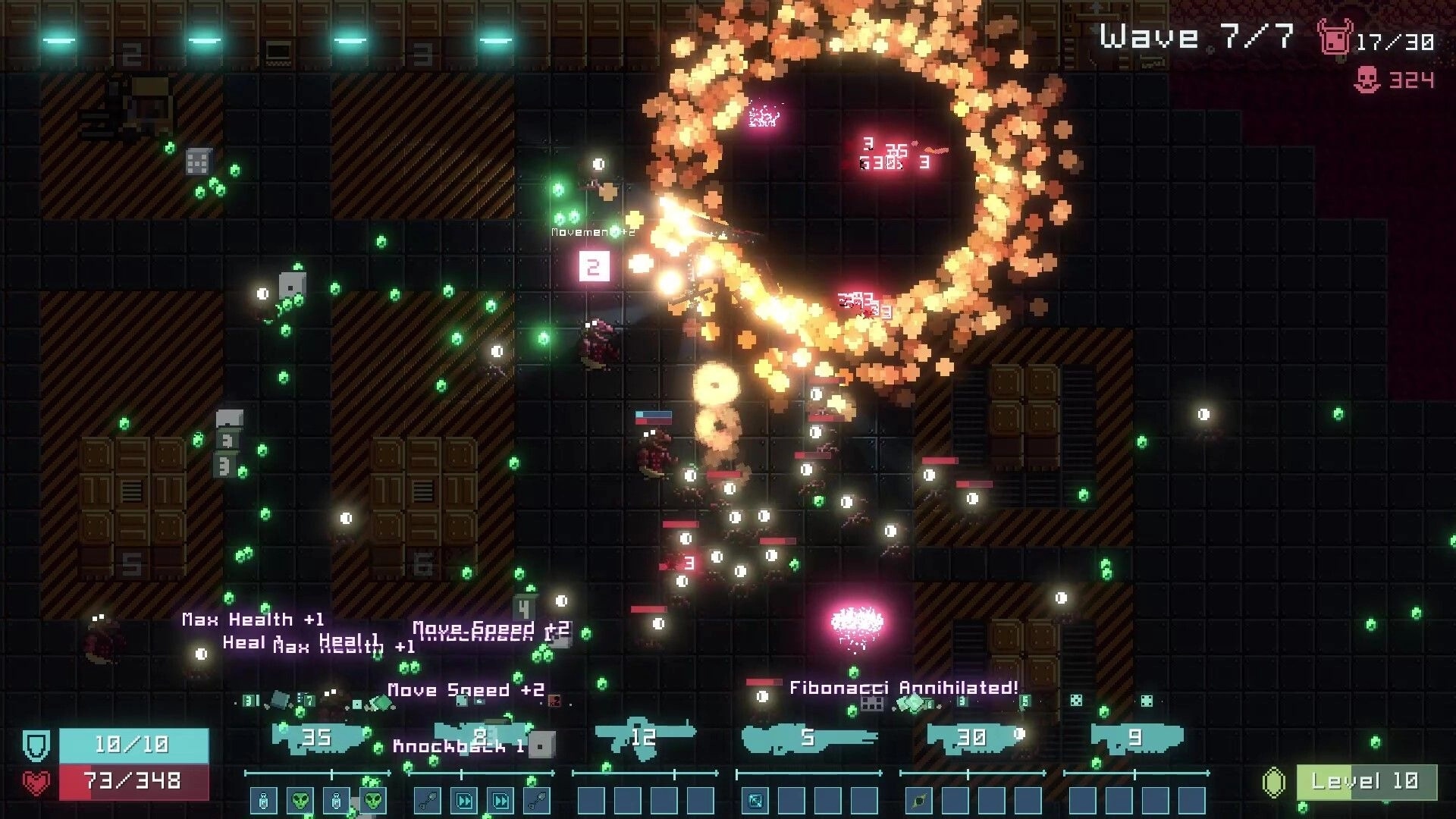 Dice Gun Commando: Wave 7 combat with huge fiery ring explosion in a dark grid arena, HUD stats visible.