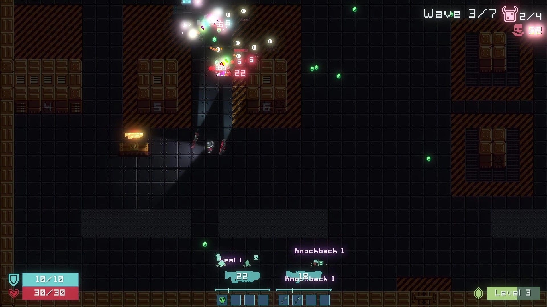 Dice Gun Commando: Top-down firefight with damage numbers and Wave 3/7 UI in a dark sci-fi room.