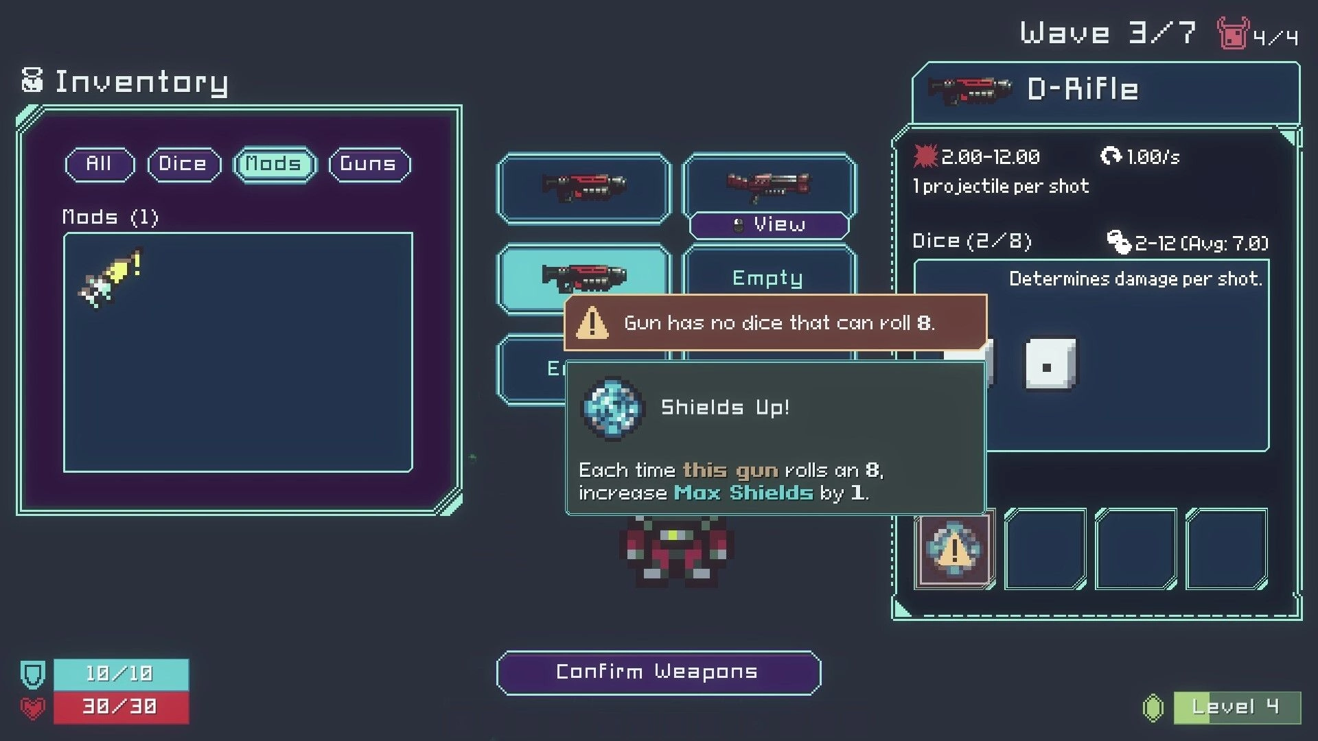 Dice Gun Commando: Inventory mods tab open for D-Rifle with Shields Up tooltip and warning overlay.