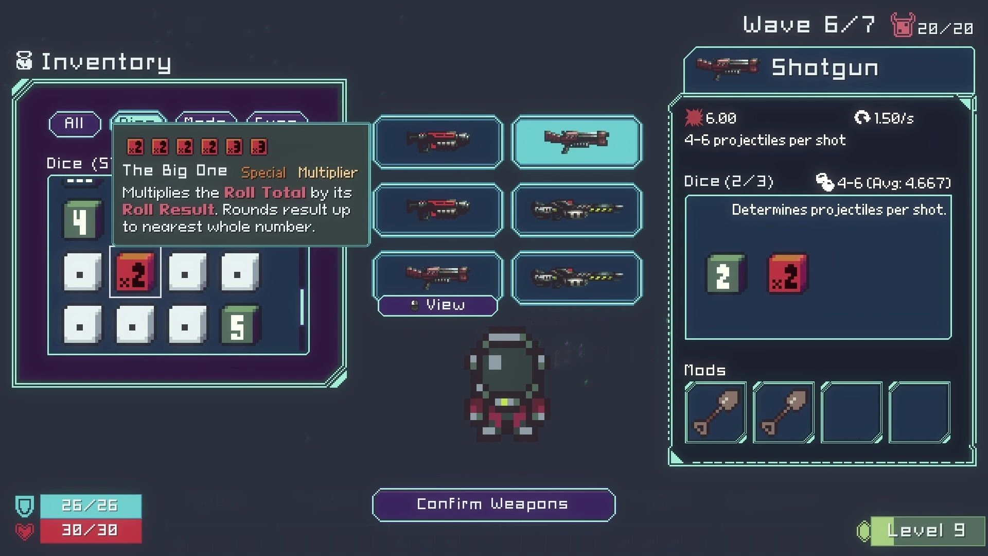 Dice Gun Commando: Inventory screen selecting Shotgun with dice mods and weapon slots on dark backdrop.