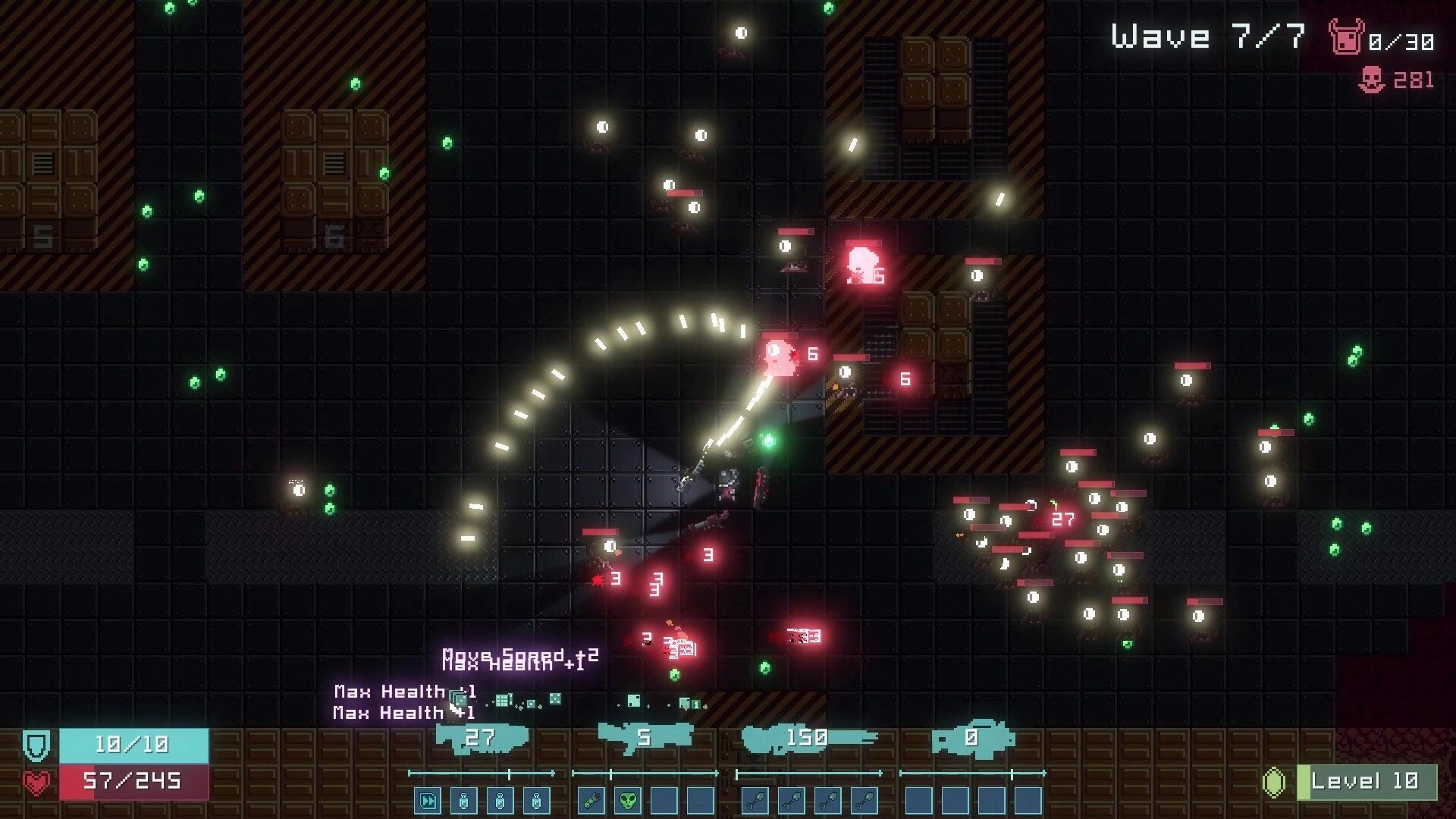 Dice Gun Commando: Player sprays bullets at glowing enemies in tiled arena, Wave 7/7 HUD visible.