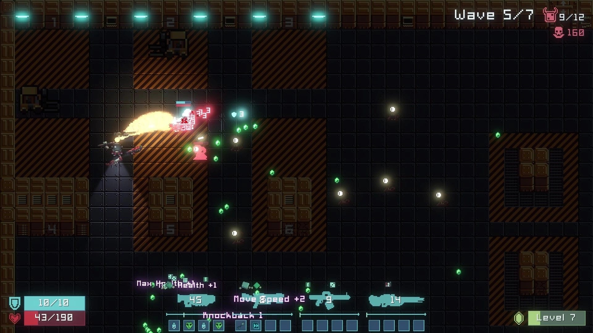 Dice Gun Commando: Player fires flamethrower at pink blob enemy in Wave 5 industrial dungeon arena.