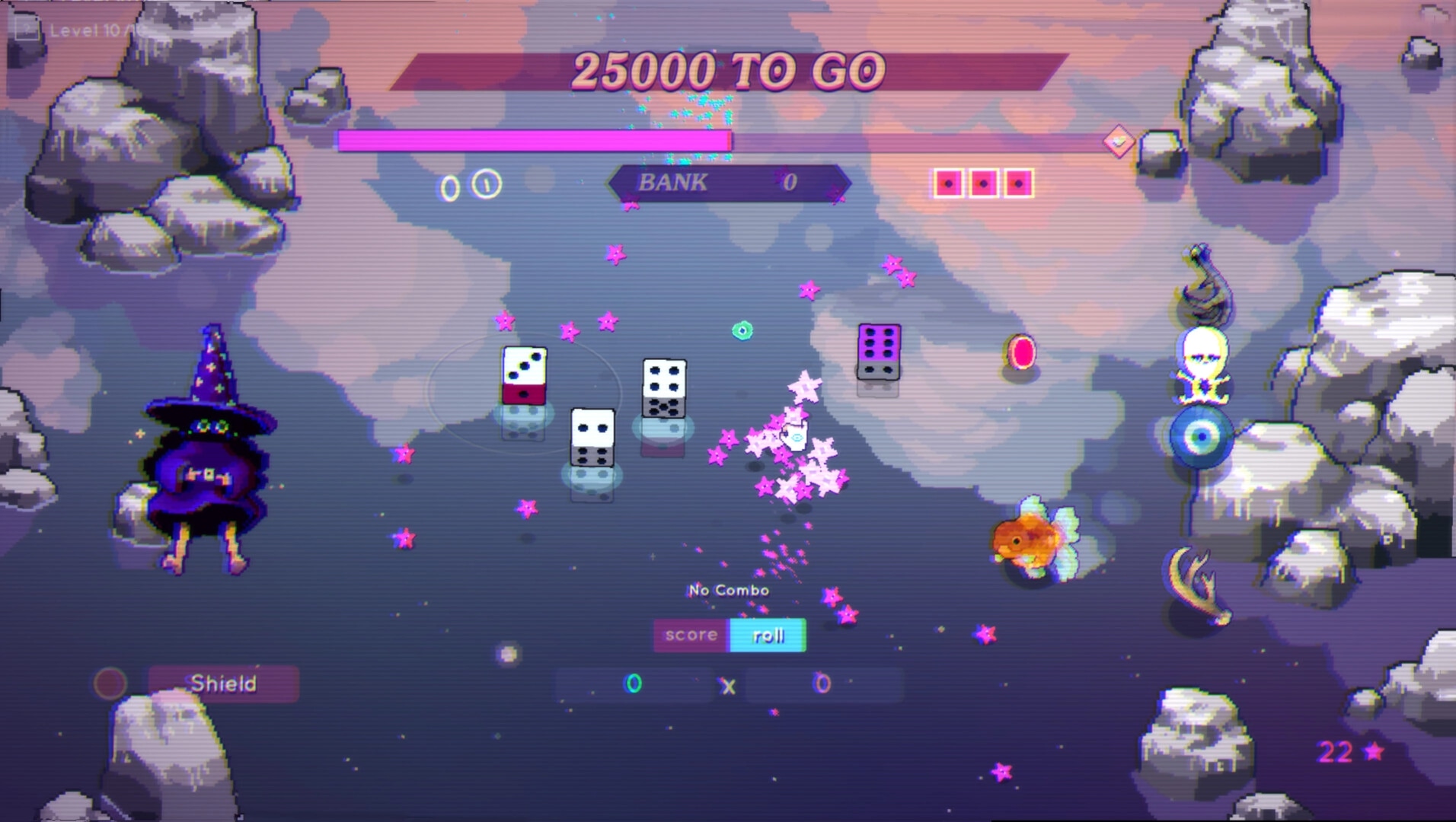 Dice Have No Eyes: Rolling dice with bank meter and score UI in a rocky arena with a witch enemy.