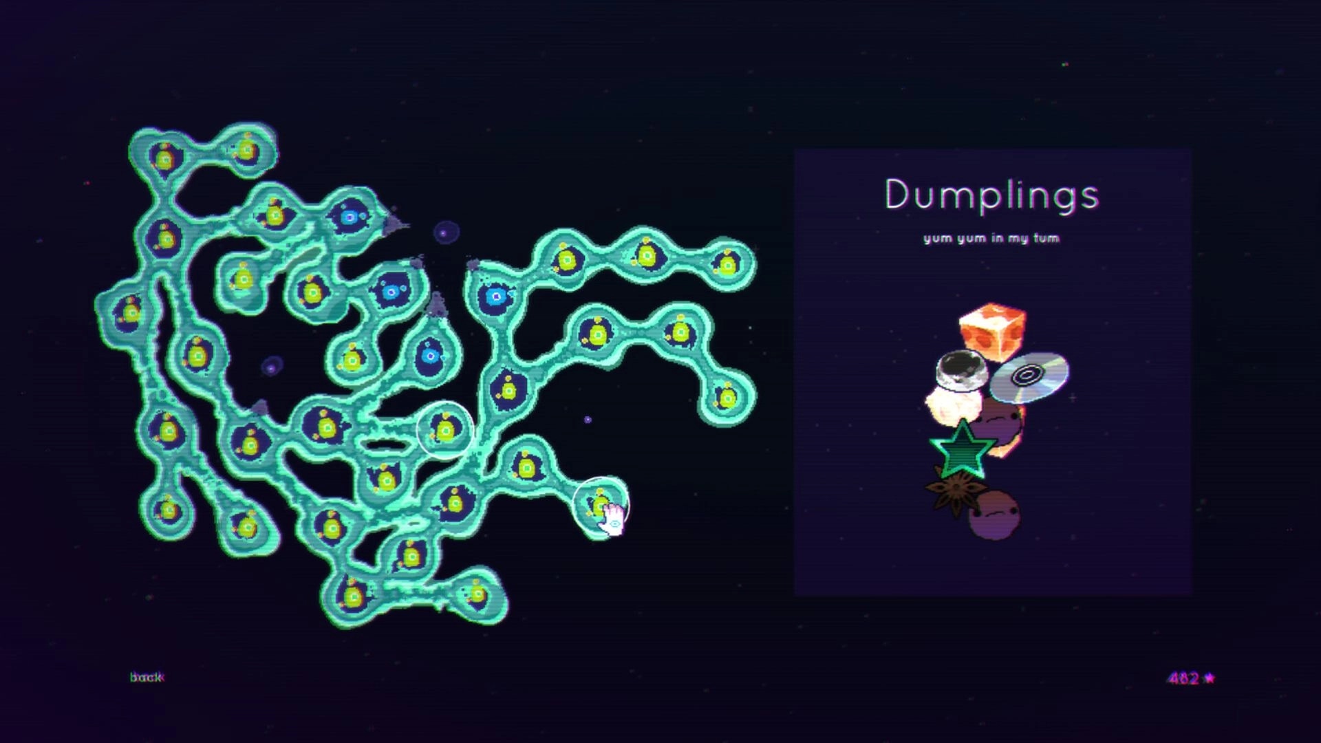 Dice Have No Eyes: Dumplings upgrade screen with branching node map and item icons on starry backdrop.