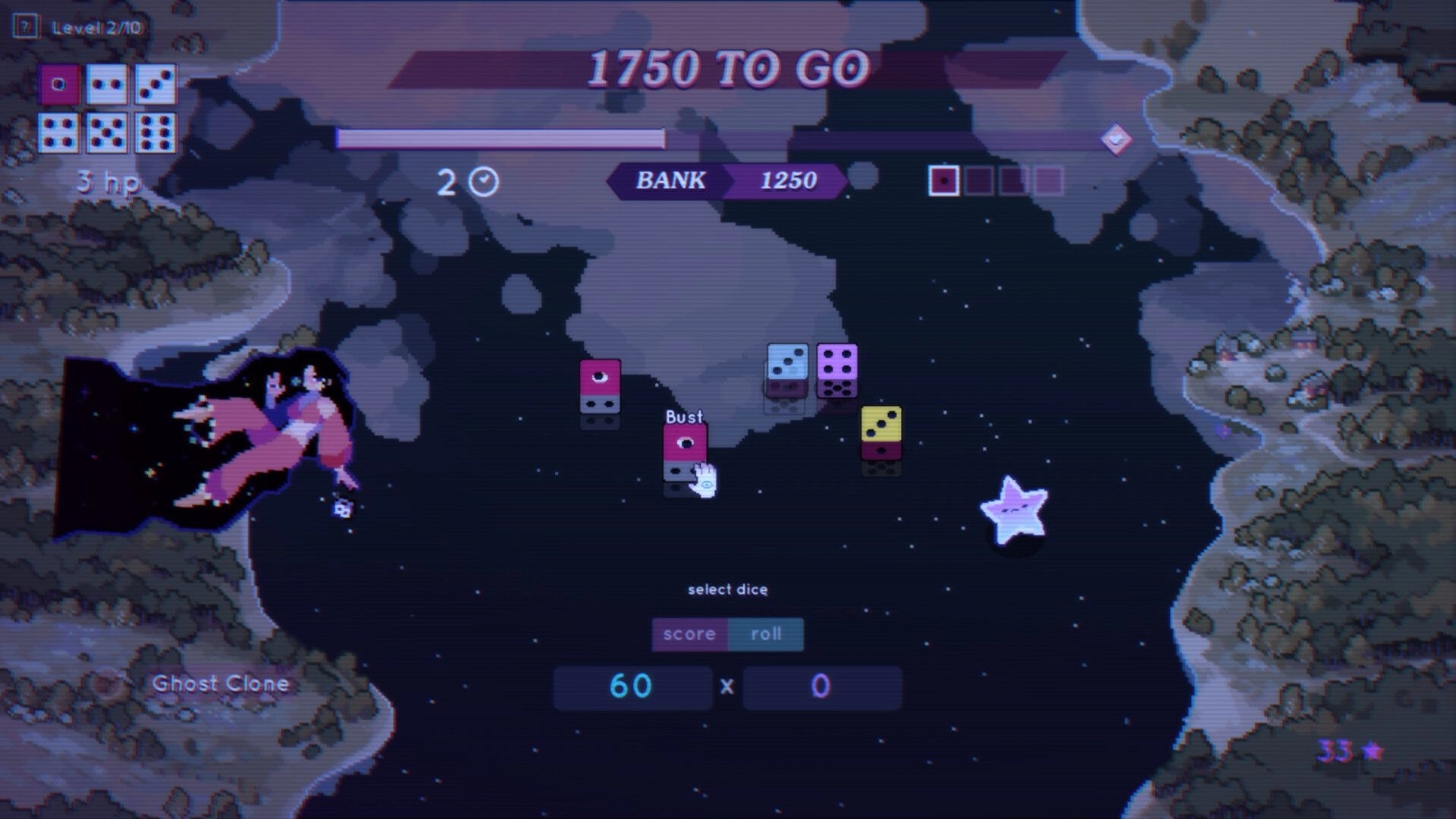 Dice Have No Eyes: Selecting dice with Bust marker and bank score UI over starry lake map backdrop.