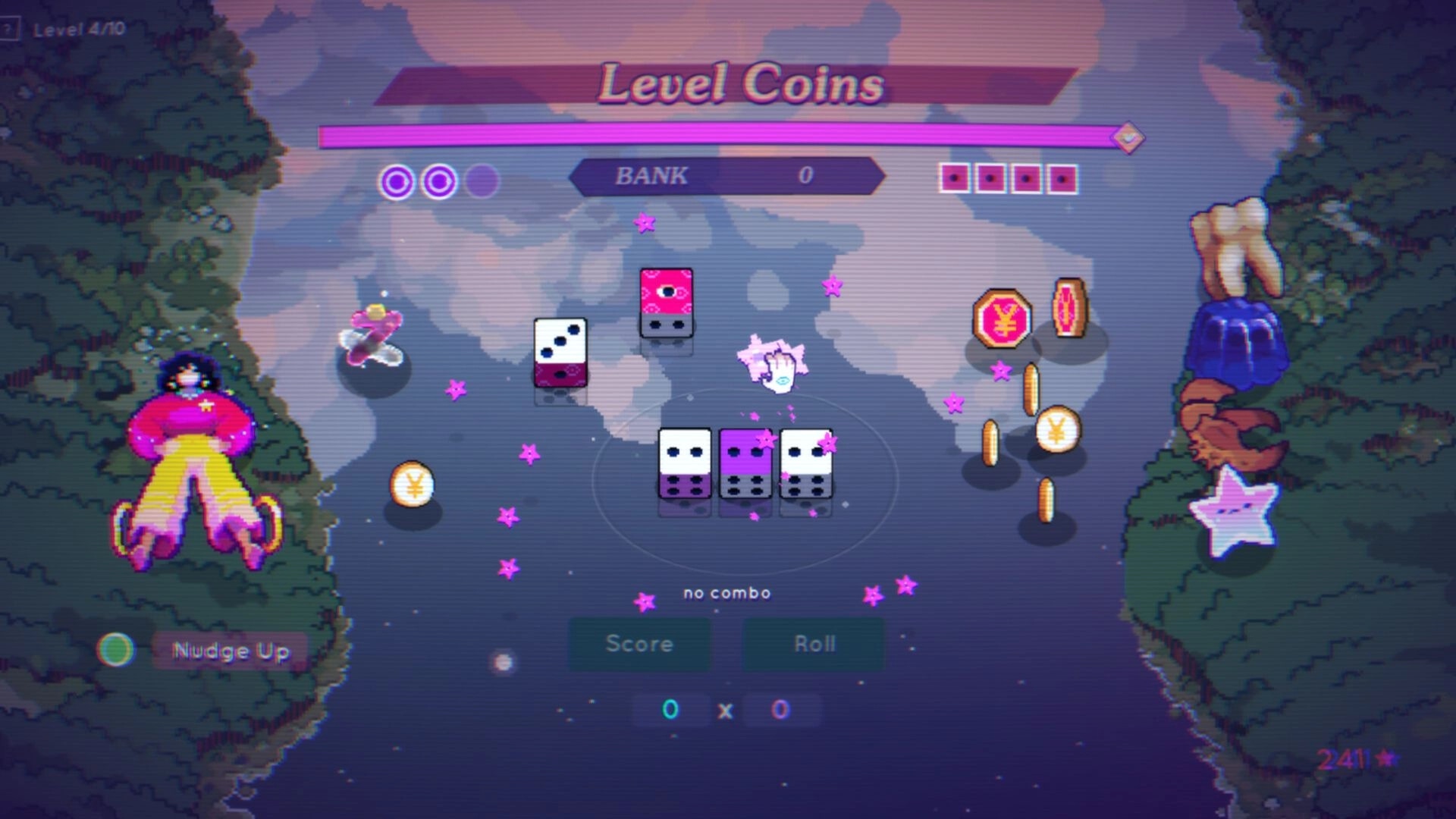 Dice Have No Eyes: Level Coins dice-rolling screen with bank meter, coins and trinkets on misty path.