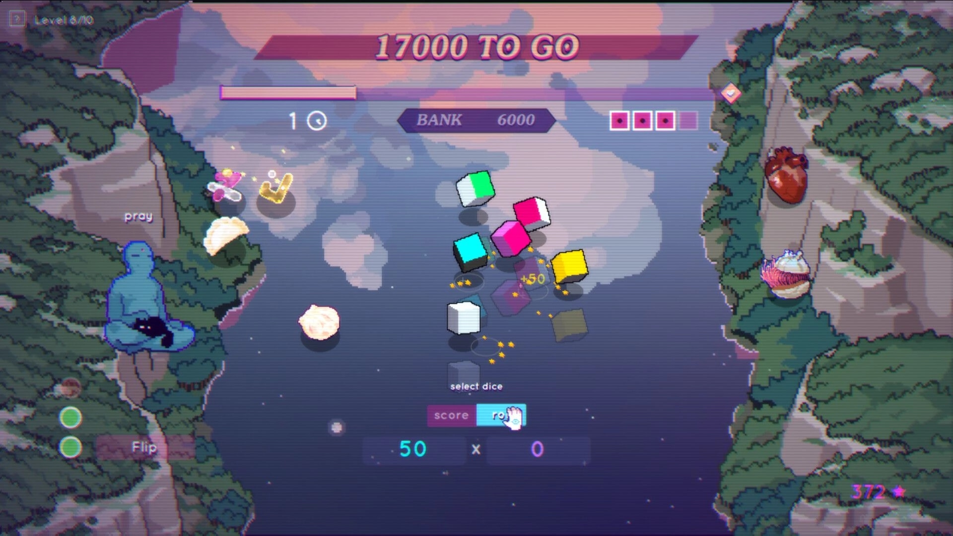 Dice Have No Eyes: Rolling colored dice with score and bank UI over a misty forest lake arena.