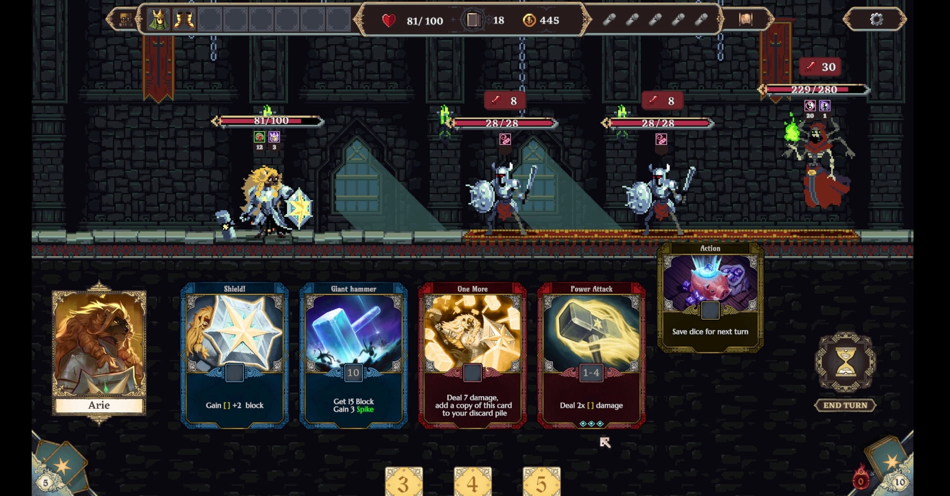 Dice Legends: Arie faces enemies in a dungeon with cards and dice for strategic combat decisions.