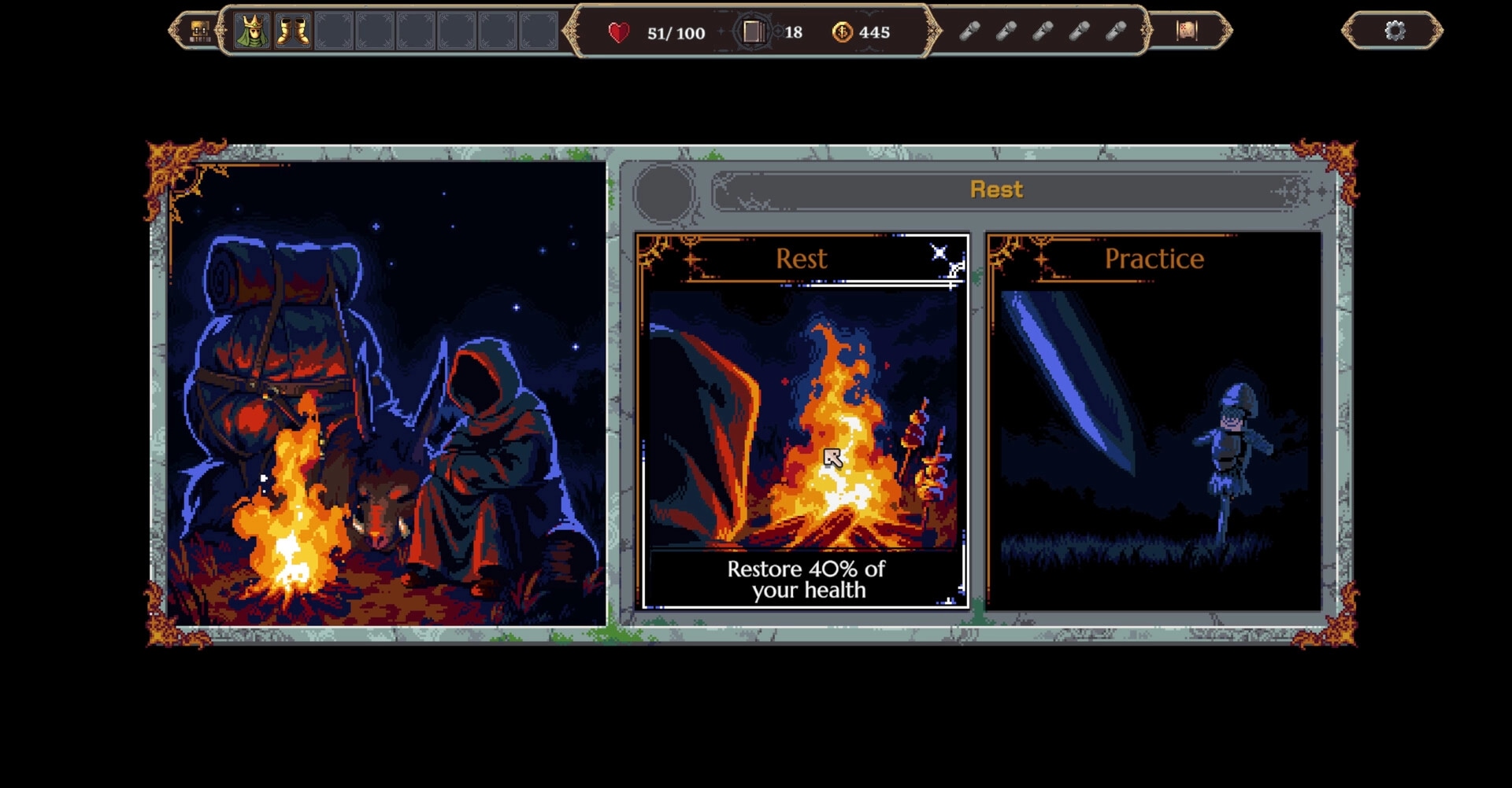 Dice Legends: Hero at campfire selecting between resting to regain health or practicing skills at night.