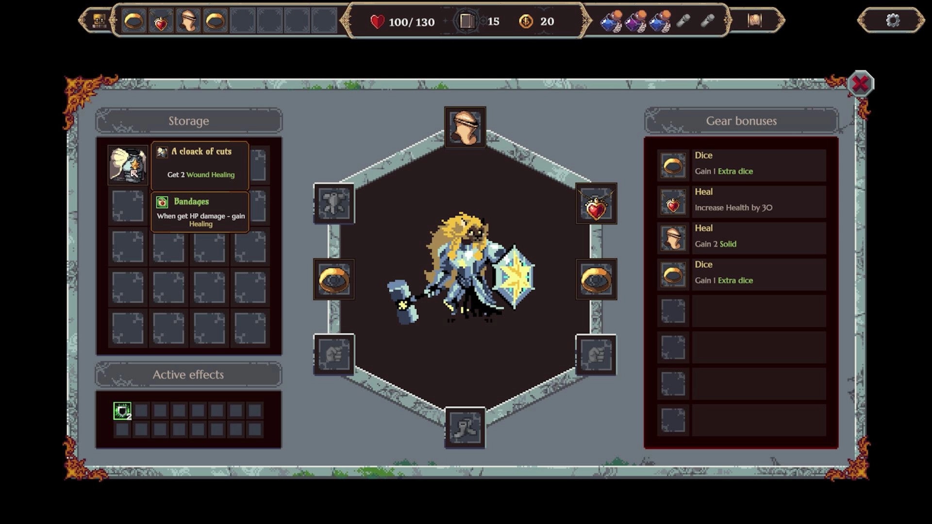 Dice Legends: Hero gear and inventory management screen with dice bonuses and healing items visible