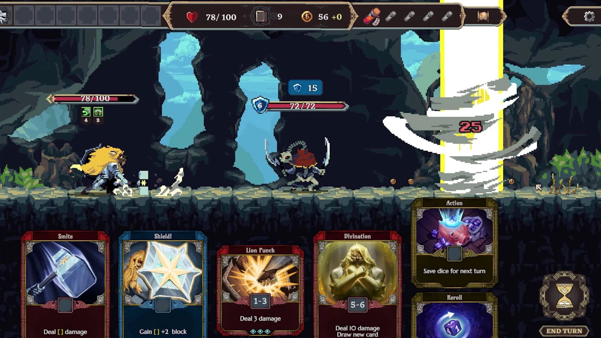 Dice Legends: Hero battling enemy with cards displayed in cave environment