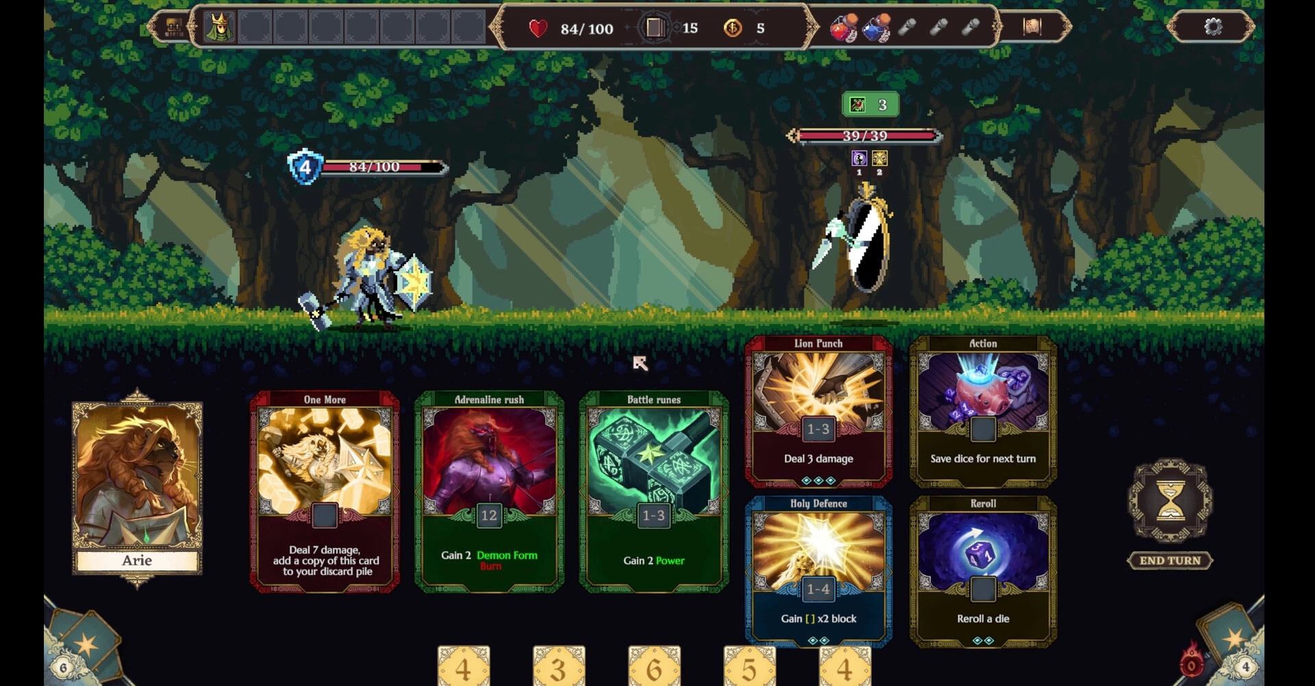 Dice Legends: Arie combat with spectral enemy in forest, cards and dice shown below for strategy