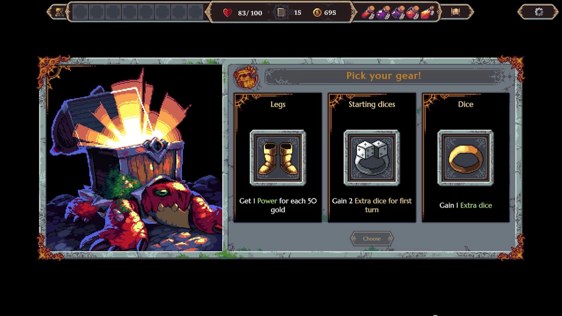 Dice Legends: Gear selection menu with glowing treasure chest and crab monster in dark cavern setting
